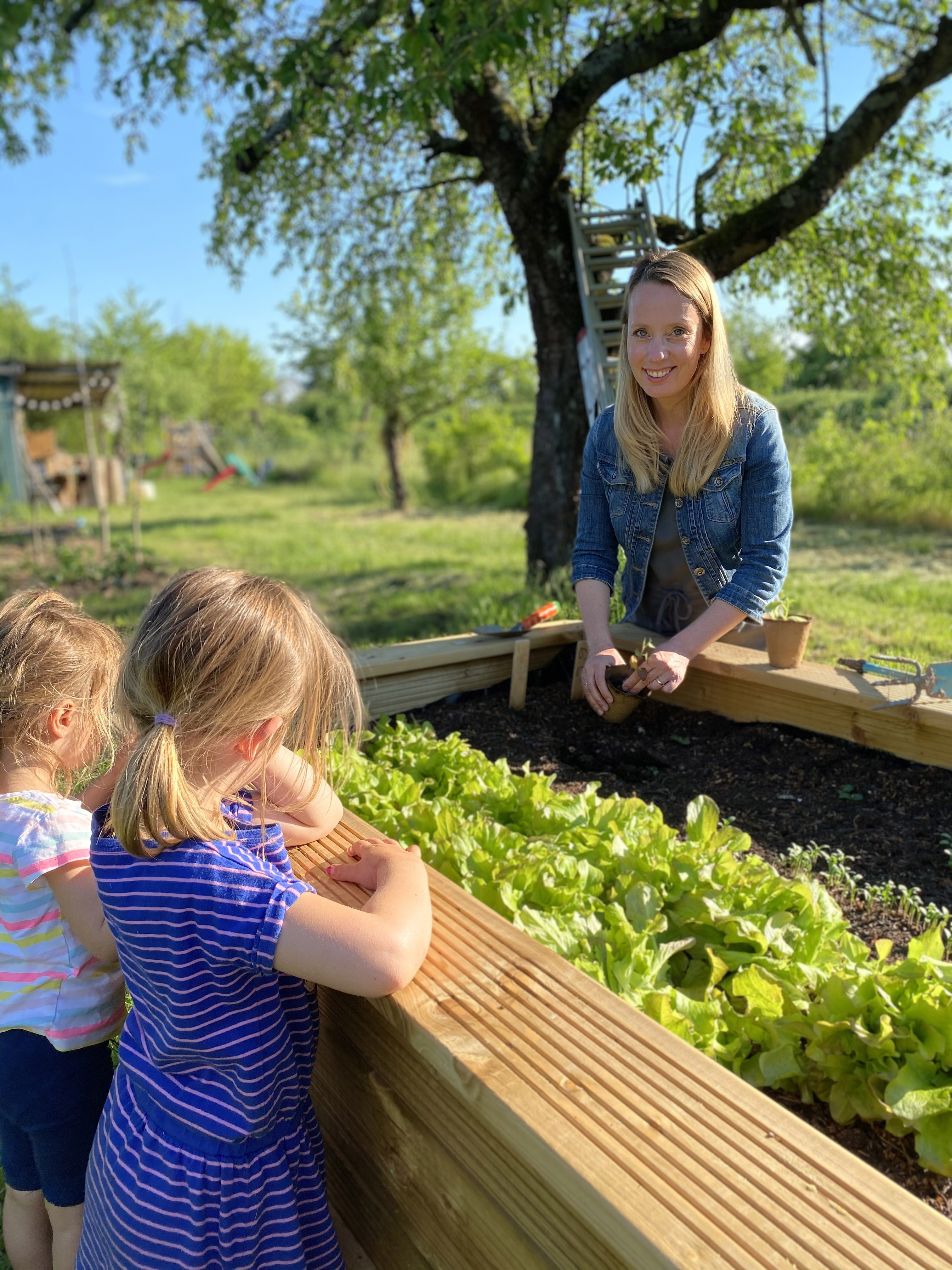Artikel öffnen: Kinder und eine Frau an einem Pflanzen-Beet