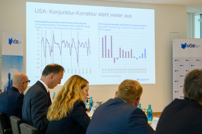 Öffnet eine Lightbox: Eine Seite einer Präsentation an die Wand projiziert VÖB-Aktienmarktprognose Pressegespräch