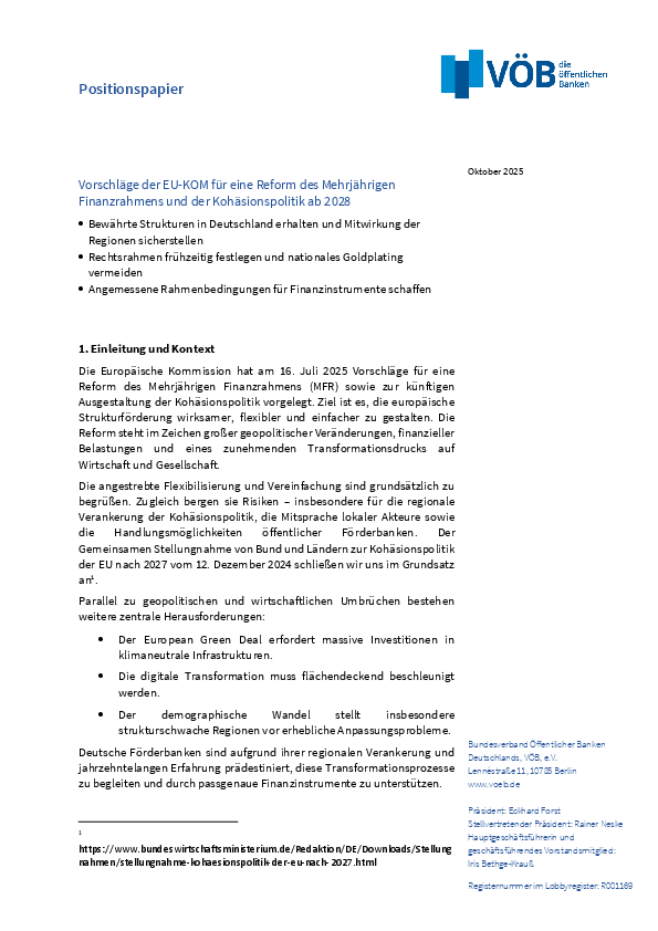 Publikation Positionspapier zur Reform des Mehrjährigen Finanzrahmens